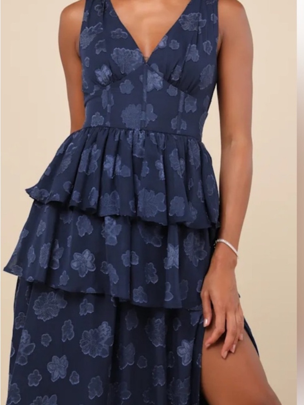 Lulu’s Navy Floral Tiered V-Neck Maxi Dress